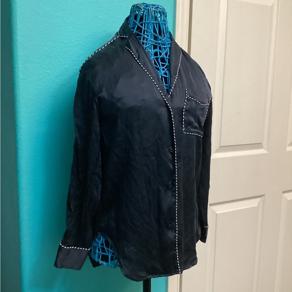💥PRICE DROP💥 Hahn Pickstitch Silk Satin Pajama Shirt, Navy/White - Picture 3 of 8